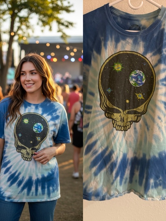 Grateful Dead Tops - Grateful Dead Tie Dye Skull T-Shirt Blue Graphic Tee Size L